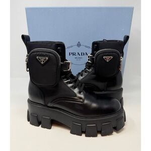 Prada Monolith Leather Combat Boots Black Size 8.5 US 38.5 EU